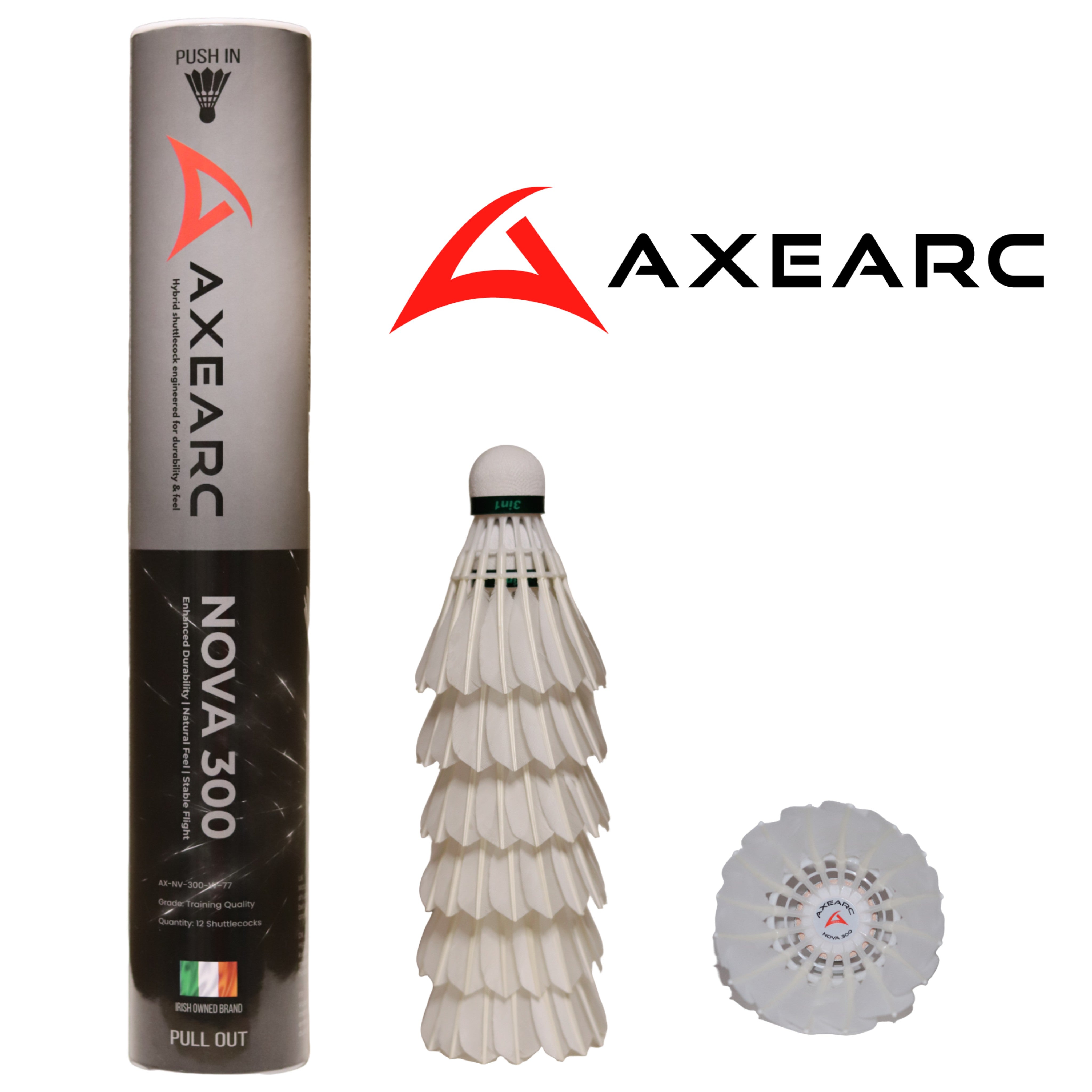 Axearc badminton shuttlecock packaging with a single shuttlecock and a close-up of the brand logo.