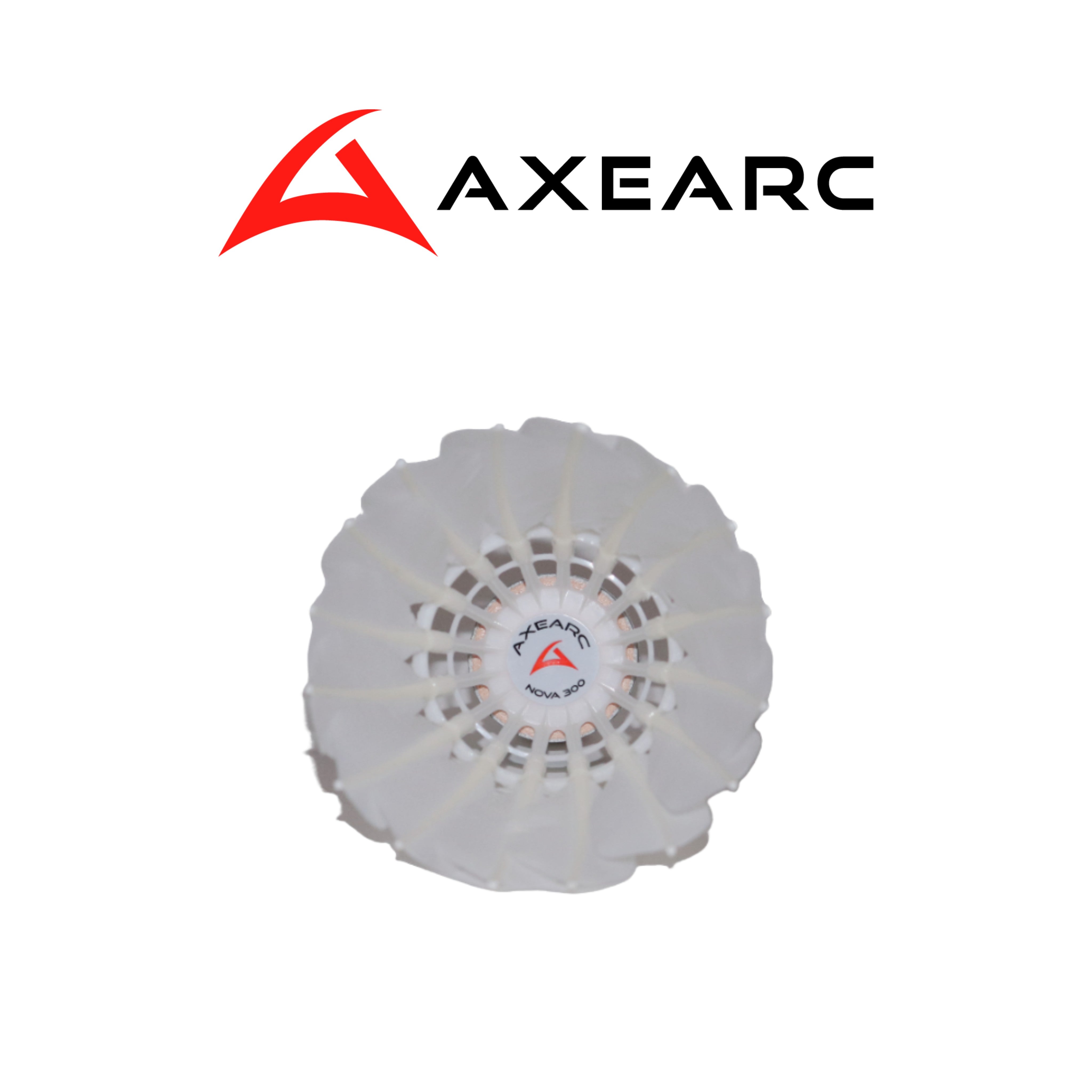 White badminton shuttlecock with AXEARC branding on a white background